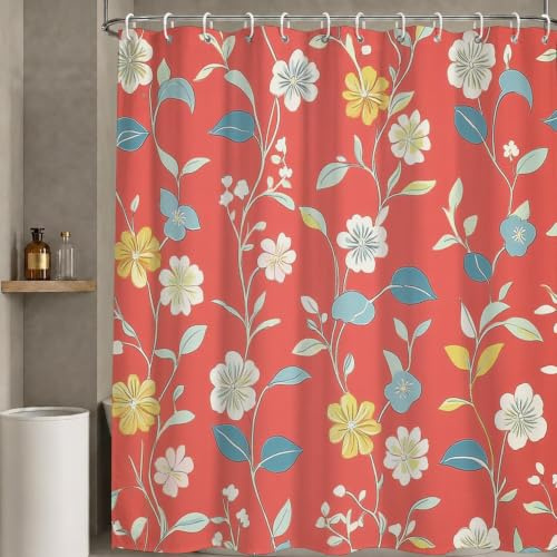 Duschdraperi 150 x 180 cm – blommor – duschdraperier vattentätt textilpolyestertyg – tvättbart snabbtorkande duschdraperier med 12 krokar och vikt nedtill – röd badrumsgardin för badrum W-P407