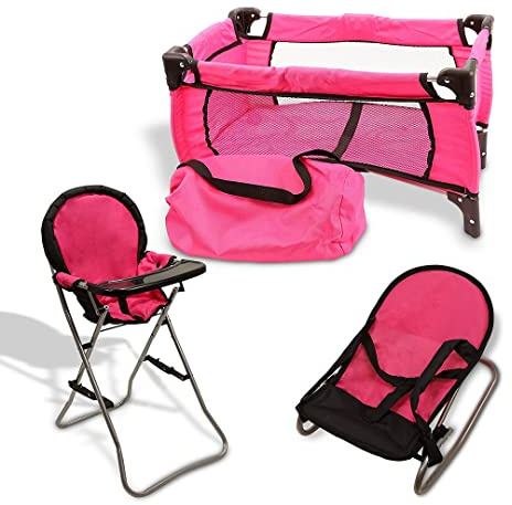 Pink Baby Doll Accessories Set - 3 In 1 Baby Doll Furniture Set with Baby Doll High Chair, Baby Doll Crib, Baby Doll Bouncer Seat, Baby Doll Bed Set for 18” Doll - Play Baby Doll Toys for 18 Dolls