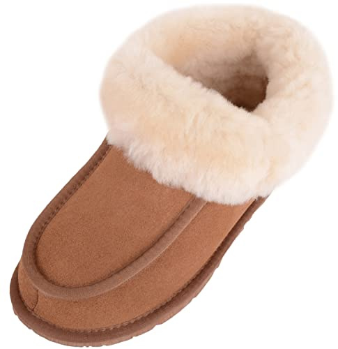 SNUGRUGS Fern, Women's Sheepskin Slipper Boot with Rubber Sole - Chestnut - UK 5