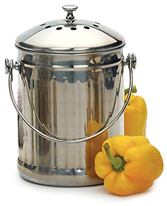 RSVP International Kitchen Collection Compost Pail, Dishwasher Safe, 1 Gallon Capacity, Stainless Steel