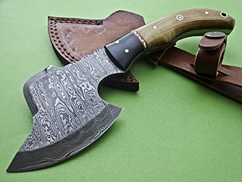 Poshland AX-45 Custom Handmade Damascus Steel 9 Inches Axe - Exotic Wood and Bull Horn Handle