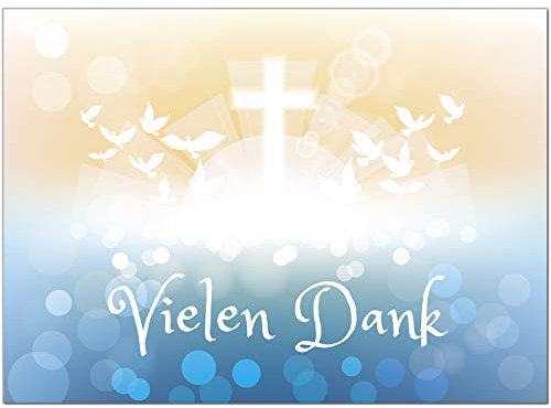 Einladungskarten Manufaktur Hamburg 10 x Dankeskarten mit Umschlag - Zauberhafter Verlauf Tauben Fisch Kreuz blau gelb - Danksagung/Bedanken/Danke Taufe, Kommunion, Konfirmation, kirchlich