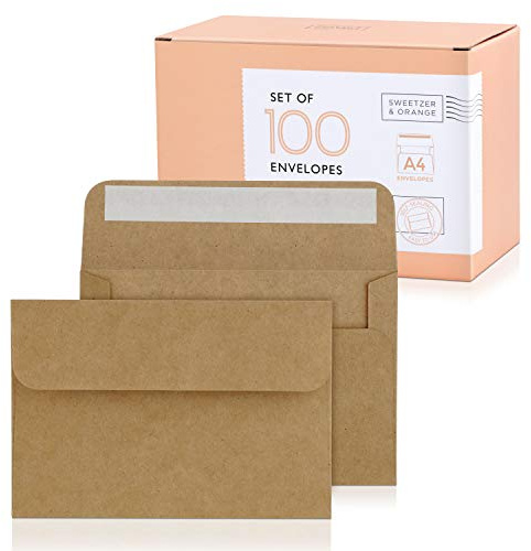 Sweetzer&Orange A4 Brown Self Seal Envelopes, 100 pack, Kraft, 4.25x6.25