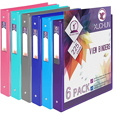XUCHUN 3 Ring Binders 1 Inch,Clear View Binder with 2 Pockets, Holds 225 Sheets 8.5x11 Inches Paper, Customizable Cover & Spine,Binders for Office, School, Home, Business,6 Pack
