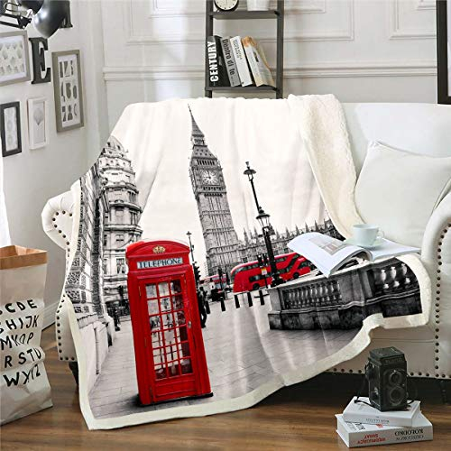 Tbrand London Stadt 3D Drucken Flanell Fleecedecke Rot Telefonzelle Decke Microfaser Grau Modern City Landschaft Kuscheldecke Decke Kinder Mädchen Wohndecke 150x200cm