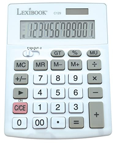 Lexibook, Calculadora de sobremesa de 12 dígitos con Pantalla LCD, 8 Funciones, Teclas Grandes, energía Solar y Pilas, Blanco/Gris, C129