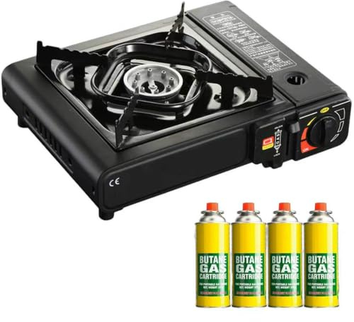 Camping Gas Stove Black with Hard Case and 4 Gas Can Cylinders Emergency Gas Shortage Kit for the Home or Outdoors