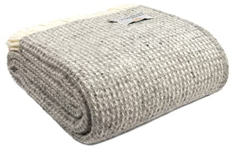 Tweedmill Textiles EXTRA LARGE 100 Percent Pure New Wool Waffle King Size Blanket Throw (Silver Grey & Cream), 140 x 240 cms