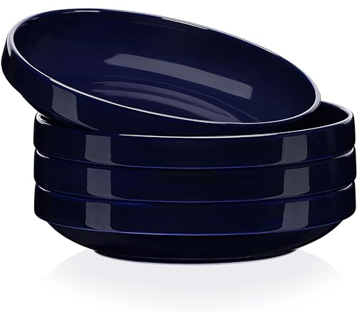 LOVECASA Pasta Bowls, 34 OZ Large Salad Bowl Set of 4, 8.1 Inch Ceramic Serving Plates for Kitchen Dinner Soup Microwave Dishwasher Safe(Dark Blue)