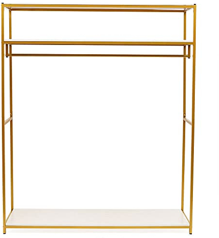 SHZICMY Kleiderständer, Metall Garderobenständer mit Kleiderstangen & Ablage, Multifunktional Freistehender Kleiderständer, Einfache Montage, Gold, 180 x 145 x 40cm
