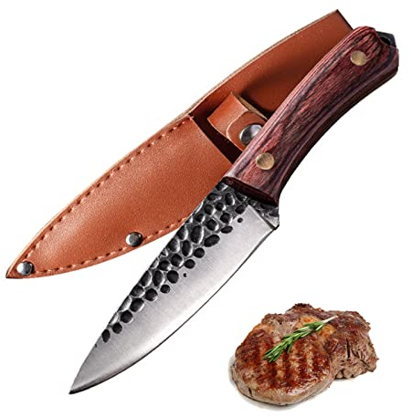 Fubinaty Couteau de chef de cuisine de camping en plein air Couteau de Barbecue forgé Couteau à Steak en acier à haute teneur en carbone avec manche en bois et gaine en cuir