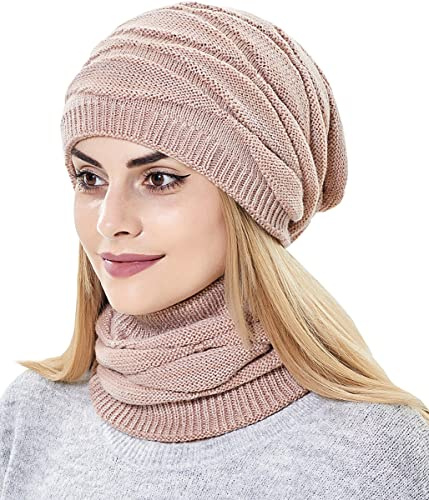 29 IYEBRAO Set 2 in 1 da donna, berretto morbido e sciarpa, foderato in pile, cappello da sci invernale caldo e scaldacollo, per ragazze, rosa, Etichettalia unica