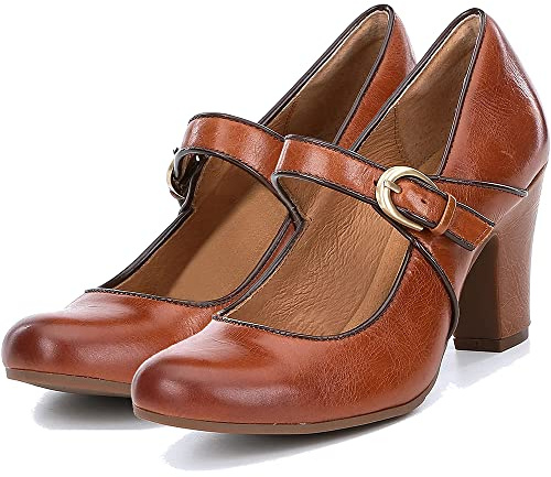 SHODENSE Vintage Chunky Block Heel Mary Jane Pumps Women Brown Ankle Strap Round Toe Dress Sandals 3 High Heels Mary Jane Lolita Shoes Two-Toned Buckle Retro Ladies Office Wedding Fall Matte Tan 9.5