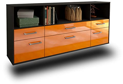 Lqliving Kommode Sideboard Bellevue, Korpus in anthrazit matt, Front im Hochglanz-Design Orange (180x77x35cm), inkl. Metall Griffen, Wandmontage, Made in Germany