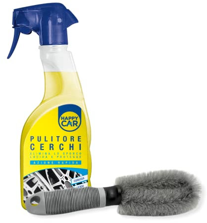 Happy Car - Pulitore Cerchi Auto più Spazzola - Elimina lo Sporco, Lucida e Protegge - Azione Decontaminante - Spray da 750ml