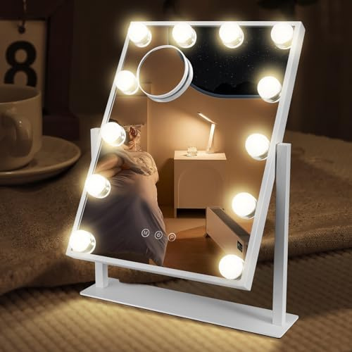 Yontwe Specchio Hollywood con illuminazione LED Type-C e porta di ricarica USB 12 luci dimmer 3 modalità luce Specchio per trucco con illuminazione con montaggio a parete bianco 40x30cm