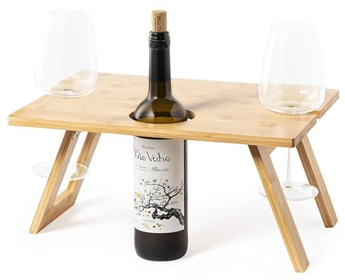 noTrash2003 Plateau de petit-déjeuner en bambou pour amateurs de vin, plateau de service, table de lit avec pieds pliables pour 2 verres et 1 bouteille, également pour les pique-niques, 100-6070
