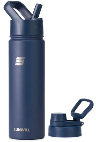 SUNWILL Stainless Steel Water Bottle with Straw, 650ml Insulated Water Bottle Metal, Leakproof Water Flask for Gym & Travel, Navy