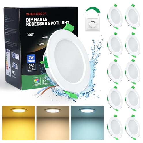 Shine Decor Spot encastré LED dimmable,230V 7W 600LM Spot de plafond LED,IP44 Lumières encastrées pour chambre à coucher salle de bain cuisine,3000K/4000K/6000K,Øφ67-80mm,Lot de 10