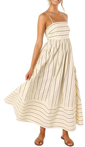 YILEEGOO Women's Summer Striped Maxi Dress 2024 Sexy Spaghetti Strap Flowy Swing Long Dress Boho A-Line Beach Sundresses (V-Khaki, L)
