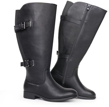 Chicblooms Damen-Stiefel, klassisch, breite Wade, mit flachem Absatz, doppelter Schnalle hinten, Stretch, kniehoch, Schwarz Synthetik EU 43