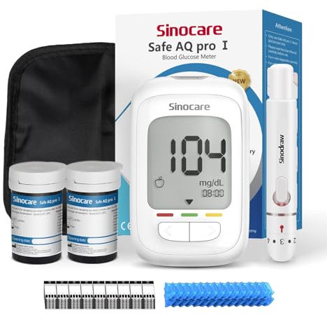Glucometro Sinocare Safe AQ Pro I, Medidor de Glucosa en Sangre 50 Kit, Rápido y Preciso Kit de Prueba con Electrodo de Plata Actualizado y 500 memorias