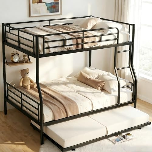Miscoos Full XL Over Queen Bunk Bed with Trundle, Heavy-Duty Queen Bunk Bed with with Safety Ladder and Full-Length Guardrail, Convertible to 3 Beds for Teens and Adults, Black