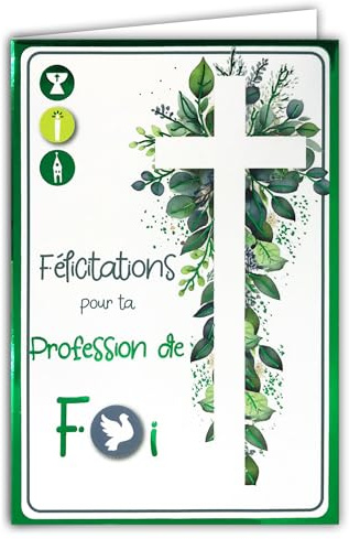 68-6601 Carte Félicitations pour ta Profession de Foi pour Garçon Fille Croix Chrétienne Catholique Feuillage Champêtre Vert Brillant - Avec Enveloppe Blanche Format 12x17,5cm - Fabriqué en France