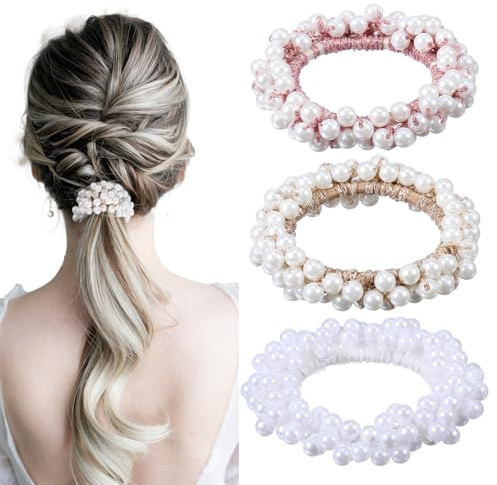 3PCS Pearl Hair Tie Beaded Pearl Hair Scrunchies Elastic Rhinestone Ponytail Holder Sparkly Hairstyle Accessories for Women and Girls (Champagne, White, Pink)