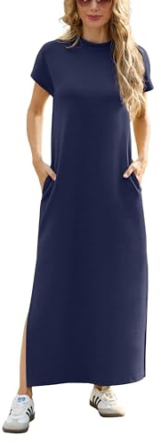 GRECERELLE Womens Maxi Dress Wrinkle Free Summer Mock Neck Short Sleeve 2025 Casual Elegant Loose Split Long Dresses with Pockets (Navy Blue, S)
