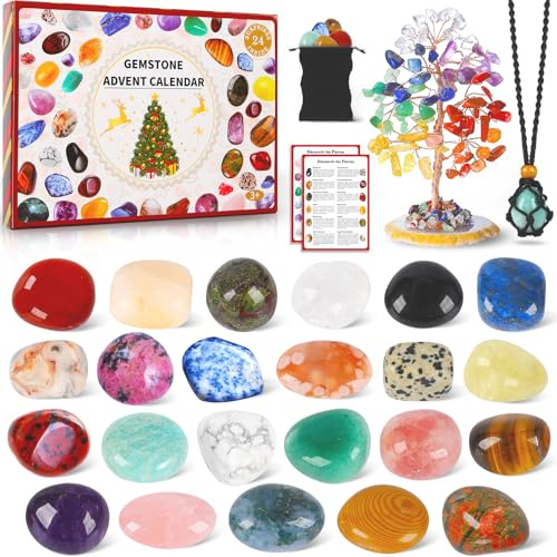 Crystal Advent Calendar 2025, 24 Surprises With 7 Chakra Crystal Tree, 23 Natural Rock And Gemstones For Boys, Girls, Teens & Adults, Christmas Advent Calendar Gift For For Learning, Collecting