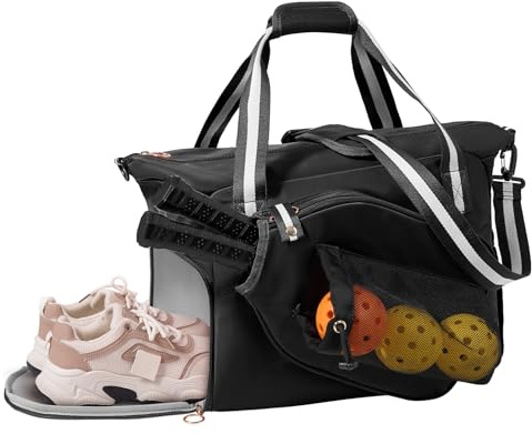35L Pickleball Tote Bag with Shoe Compartment, Foldable Travel Duffel Bag for Women Mens, Pickleball Paddles Holder, 3 in 1 Versatile Travelling Sport Gym Hospital Holdall, Orange (Mirror Black, 35L)