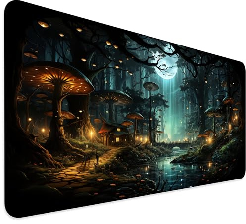 TRYNOVAS Tappetino Mouse XXL 90×40 cm (3mm) – Foresta Magica Fantasy con Funghi & Ombre – Mousepad Gaming Grande, Antiscivolo, Bordi Cuciti, Tappetino Scrivania