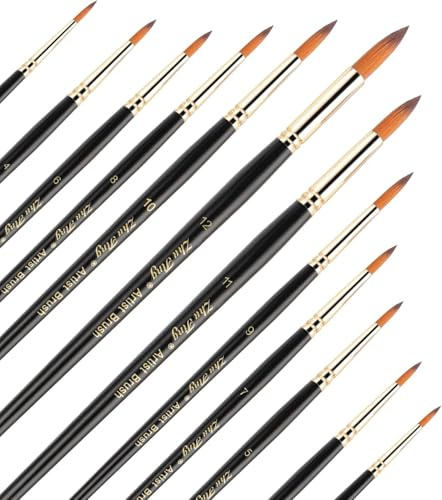 SULIKJHUI 12 Pcs Round Watercolor Brushes, Artist Watercolor Paint Brushes | for Watercolors, Acrylics, Ink & Gouache, Professional Nylon Round Painting Brush Set, Fine Point for Detail, Black Handle