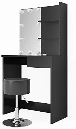 Vicco Schminktisch Dekos, Schwarz, 75 cm mit LED Beleuchtung und Hocker