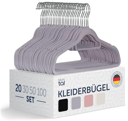 Blumtal Samt-Kleiderbügel, rutschfest, um 360° drehbar, für Mäntel, Anzüge, Hemden und Hosen, 20 Stück, Grau