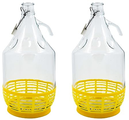 WYSKONT Bouteille de vin Ballon à col étroit avec Couvercle pivotant et Panier pour Le Stockage de Boissons fermentées en Verre Transparent, hermétique, Lot de 2 x 5 l
