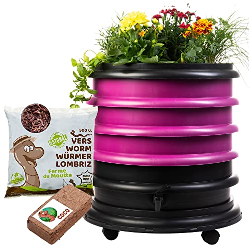 WORMbox | Lombricomposteur 3 Plateaux Framboise + Jardinière + 250gr de vers de Compost + 1 Bloc Coco | 48 litres | Compostez Vos déchets organiques, Les vers de Terre/lombrics/lombricompost