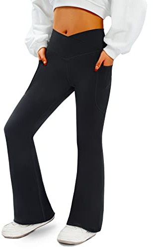 COPYLEAF Women's Flare Yoga Pants with Pockets-V Crossover High Waisted Bootcut Yoga Leggings-Flare Bell Bottom Workout Gym Leggings Black