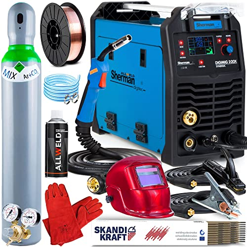 Sherman DIGIMIG 200X SYNERGIC - Vollsynergisches Kombi MIG MAG Schweißgerät Schutzgas & Fülldraht - Mit Induktivität, WIG, MMA, Punktschweißen und Lötschweißen - Set:ProfessionalPlus