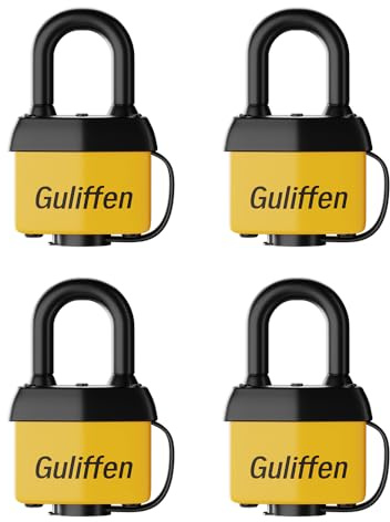 Guliffen Weatherproof Laminated Padlock with Key,4 Pack Outdoor Pad Locks with Same Key for Gate, Shed, Trailer, Storage, Chain