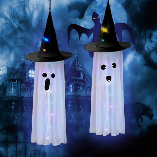 2 Piezas Mangas De Viento De Fantasma De Halloween Con Luz LED, Decoración De Terror Colgante, Bandera Para Patio Delantero, Jardín (B)
