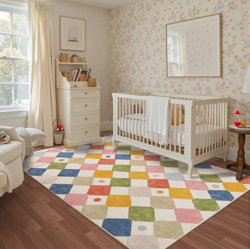 jinchan Macy 5x7 Area Rug for Kids Room Modern Colorful Nursery Rug Checkered Diamond Play Mat Washable Soft Non Slip Carpet for Playroom Classroom Bedroom Dorm Daycare Living Room Circus on Cream