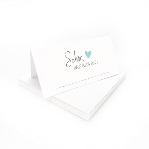 Tischkarten Schön, dass du da bist weiß mit Herz | Farbe wählbar | 25, 50, 100 Stück | selbst beschriften | Namensschilder, Platzkarten | für Hochzeit, Geburtstag uvm (Blau, 50)