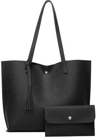 Bolso Grande Para Mujer - Bandolera Tote Shopper de Universidad y Trabajo Para Ordenador Portátil - Cuero PU (Negro)