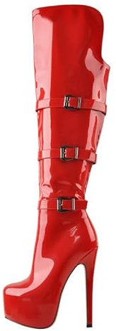 VERISSON Damen Plateau Stiefel High Heels Langschaft Overknee Boots Stilettos mit Punk Schnalle Lack Rot 45 EU