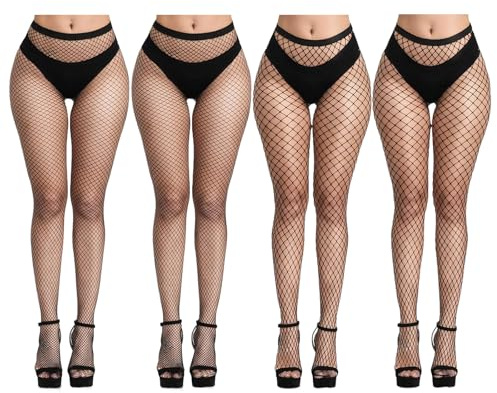 4 Pcs Fishnet Tights Womens Plus Size Black Fishnet Tights Elastic High Waist Fishnets Stockings,Pantyhose Fish Net High Stockings,Sexy Soft Comfortable,One Size Fit All Women Girls,Stylish Appearance