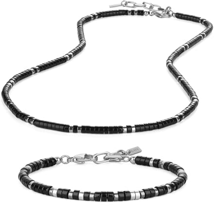 GAVU Set Collana e Bracciale da Uomo Stile Boho in Pietre Dure Naturali, Parure Bracciale e Collana da Uomo in Pietra Nera ed Ematite