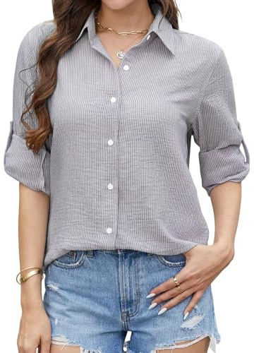 Enmain Chemise Manche Longue Femme Rayé Violet Col V Cintré Chic Coton Lin Chemisier pour Femme Ete Bureau Blouse à Boutons Décontracté Le Travail, XXL