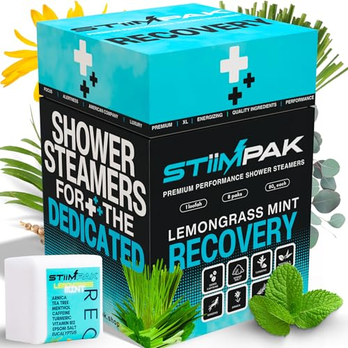 Shower Steamers for Sinus Relief | Recovery | XXL 80g Cold & Flu, Allergies, Post-Workout | Eucalyptus, Tea Tree, Turmeric, Arnica, Caffeine, Menthol | Extra Strength Aromatherapy | STiiMPAK (8 Pack)